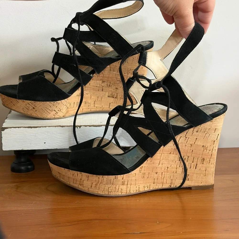 Limelight Black Faux Suede Lace Up Cork‎ Wedge Sandals Womens Size 10